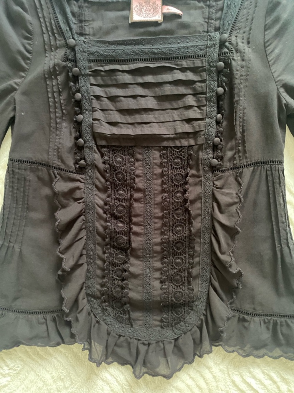 Juicy Couture Black Ruffled Lace-Trim Square Neck Blouse - Picture 3 of 6